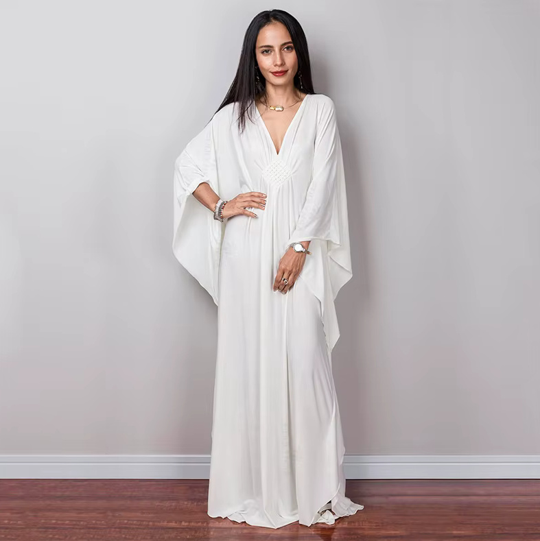Maxi Sommer Strandkleid 2025 Tasha Weiß mit Fledermaus Ärmeln