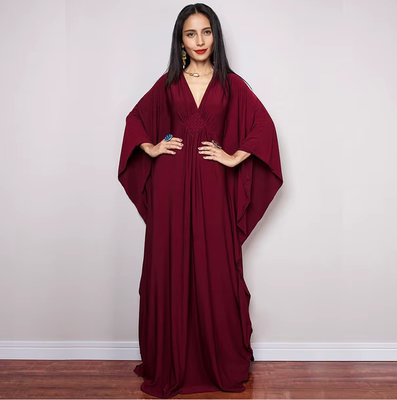 Maxi Sommer Strandkleid 2025 Tasha Weinrot mit Fledermaus Ärmeln